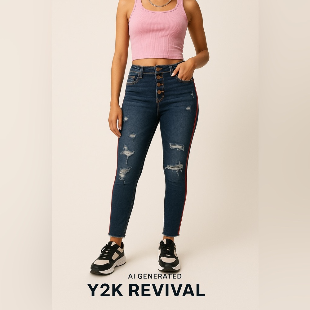 Y2K High Rise Skinny Jeans w/ Button Fly & Red Side Piping – Size 18 – Raw Hem